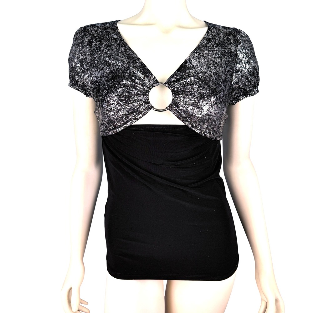 Y2K Keyhole Top Women's L Black Silver Metallic Ring Accent Short Sleeve Club‎